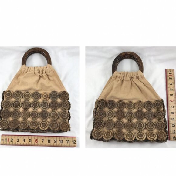 Boho Linen Fabric Handbag Purse with Wood Handles  Coconut Shell Bead Design - Picture 3 of 6